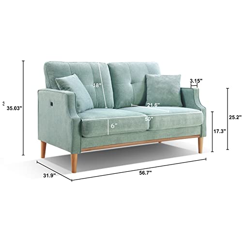 Plococo 56.7" Loveseat Sofa Couch with 2 Pillows, USB Charge Port and Solid Wood Frame and Legs, Waterproof Fabric Loveseats with Thickness Seat and Back Cushion for Small Aparment (Aqua)