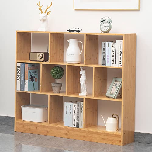 Maydear Bookcase 10 Cube Bookshelves with Base, 3-Tier Bamboo Freestanding Bookcase Storage Organizer Open Shelf Display Cabinet for Bedroom, Living Room, Kitchen and Office Storage Shelves
