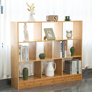 Maydear Bookcase 10 Cube Bookshelves with Base, 3-Tier Bamboo Freestanding Bookcase Storage Organizer Open Shelf Display Cabinet for Bedroom, Living Room, Kitchen and Office Storage Shelves