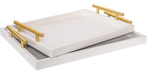 jumbo humble modern elegant large wood serving tray, set of 2 pearl white crocodile leather with gold polished metal handles, rectangle decorative tray ottoman tray coffee table tray for living room