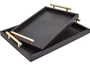 macvad set of 2 modern elegant large wood serving tray, black crocodile leather with gold polished metal handles, rectangle decorative tray for ottoman coffee table living room