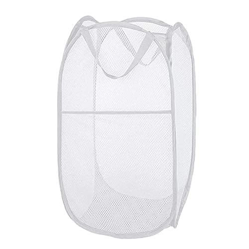 Altsuceser Mesh Pop-up Laundry Hamper, Large Foldable Dirty Clothes Laundry Basket Bag with Carry Handles or Kids Room, College Dorm or Travel White