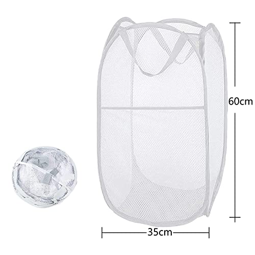 Altsuceser Mesh Pop-up Laundry Hamper, Large Foldable Dirty Clothes Laundry Basket Bag with Carry Handles or Kids Room, College Dorm or Travel White