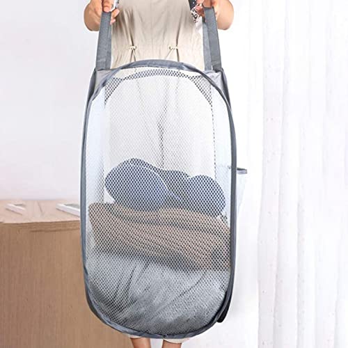 Altsuceser Mesh Pop-up Laundry Hamper, Large Foldable Dirty Clothes Laundry Basket Bag with Carry Handles or Kids Room, College Dorm or Travel White
