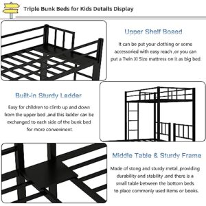 Harper & Bright Designs Triple Bunk Beds, Metal Triple Bunk Bed Twin Over Twin & Twin Size, 3 Bed Bunk Beds for Kids, Teens,Can be Separated into 3 Twin Beds, Black