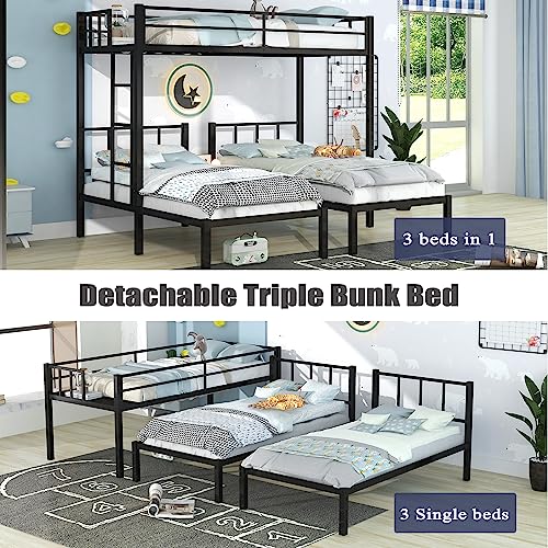 Harper & Bright Designs Triple Bunk Beds, Metal Triple Bunk Bed Twin Over Twin & Twin Size, 3 Bed Bunk Beds for Kids, Teens,Can be Separated into 3 Twin Beds, Black
