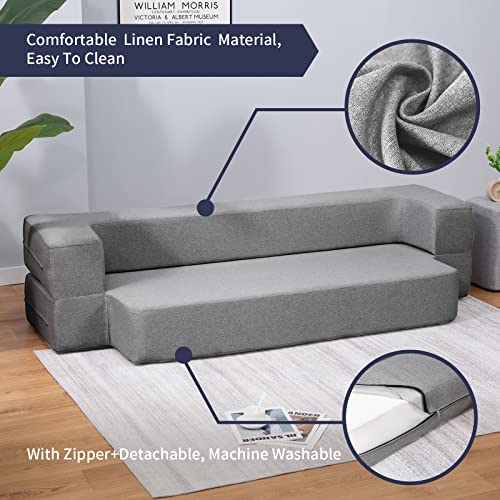 ZAFLY Twin Folding Sofa Couch Bed,8.6" Flip Out Sofa Bed,Convertible Sleeper Sofa Bed,Comfy Floor Couch Bed,Futon Sofa Bed Memory Foam Mattress,Linen Fabric Small Couches for Small Spaces,Light Grey