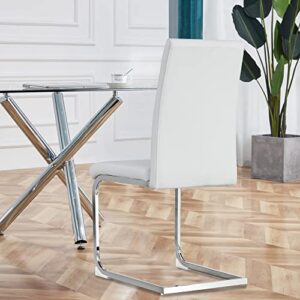 White Dining Chairs Set of 4, Dining Room Chairs, Modern Dining Chairs with Leather Upholstered and High Back Metal Chrome Legs, Sillas De Comedor for Dining Room, Kitchen, Office (White, Set of 4)