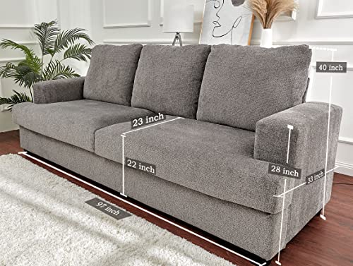 AMERLIFE Deep Seat Sofa-Contemporary Chenille Sofa Couch, 97" Wide 3 Seater for Living Room-Oversized Comfy Sofa, Grey