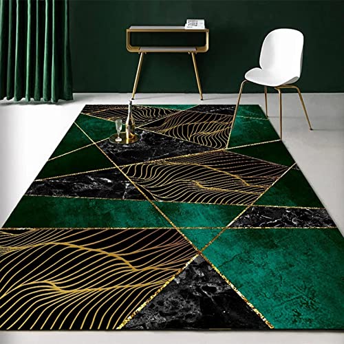 Modern Rectangle Area Rug Black Green Marble Abstract Gold Waves Pattern Microfiber Non-Slip Washable Rugs Living Room Yoga Soft Carpet 31" x 59"