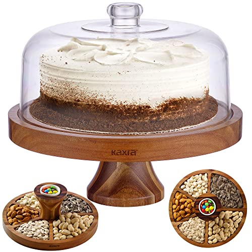 Kaxra Cake Stand, Acacia Wooden Cake Stand with Acrylic Lid, 6-1 Multifunctional Cake Holder, Desert Display, Suitable for Serving Platter, Salad Bowl, Kitchen Gifts, Housewarming Gift