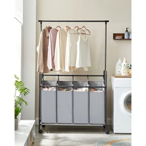 4-bag laundry sorter rolling cart with hanging bar heavy-duty wheels gray grey polyester