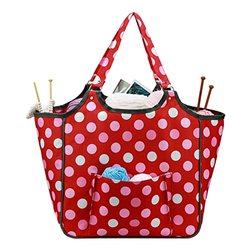 Colaxi Yarn Storage Bag Red Polka dots Print Wool Yarn Knitting Sewing Tools Tote Handbag Weaving Crochet Hooks nedles Travel Organizer