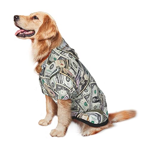 Large Dog Hoodie Dollars-Money-Cash-Pattern Pet Clothes Sweater with Hat Soft Cat Outfit Coat Small