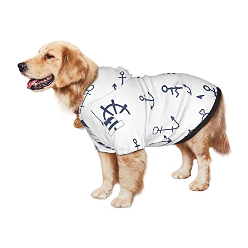 Large Dog Hoodie Navy-Nautical-Symbols Pet Clothes Sweater with Hat Soft Cat Outfit Coat Medium