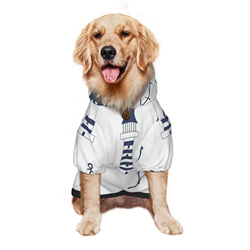 Large Dog Hoodie Navy-Nautical-Symbols Pet Clothes Sweater with Hat Soft Cat Outfit Coat Medium