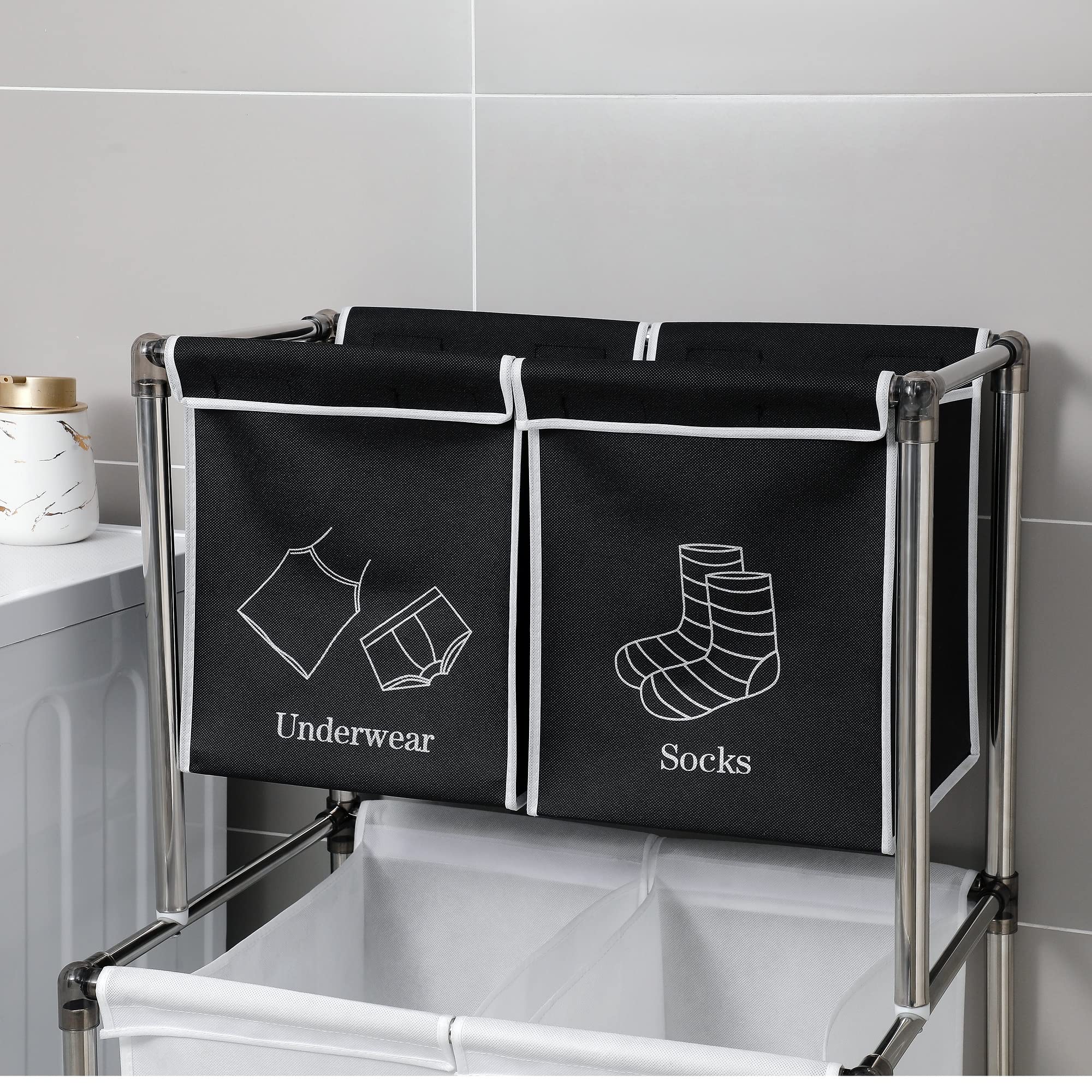 CEMKAR Laundry Basket 2-Tier Vertical Laundry Sorter with 4 Removable Bags for Laundry,with Four Wheels for Easy Movement， Small Spaces and Closets, Black and White