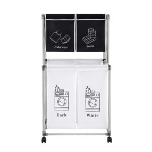 CEMKAR Laundry Basket 2-Tier Vertical Laundry Sorter with 4 Removable Bags for Laundry,with Four Wheels for Easy Movement， Small Spaces and Closets, Black and White