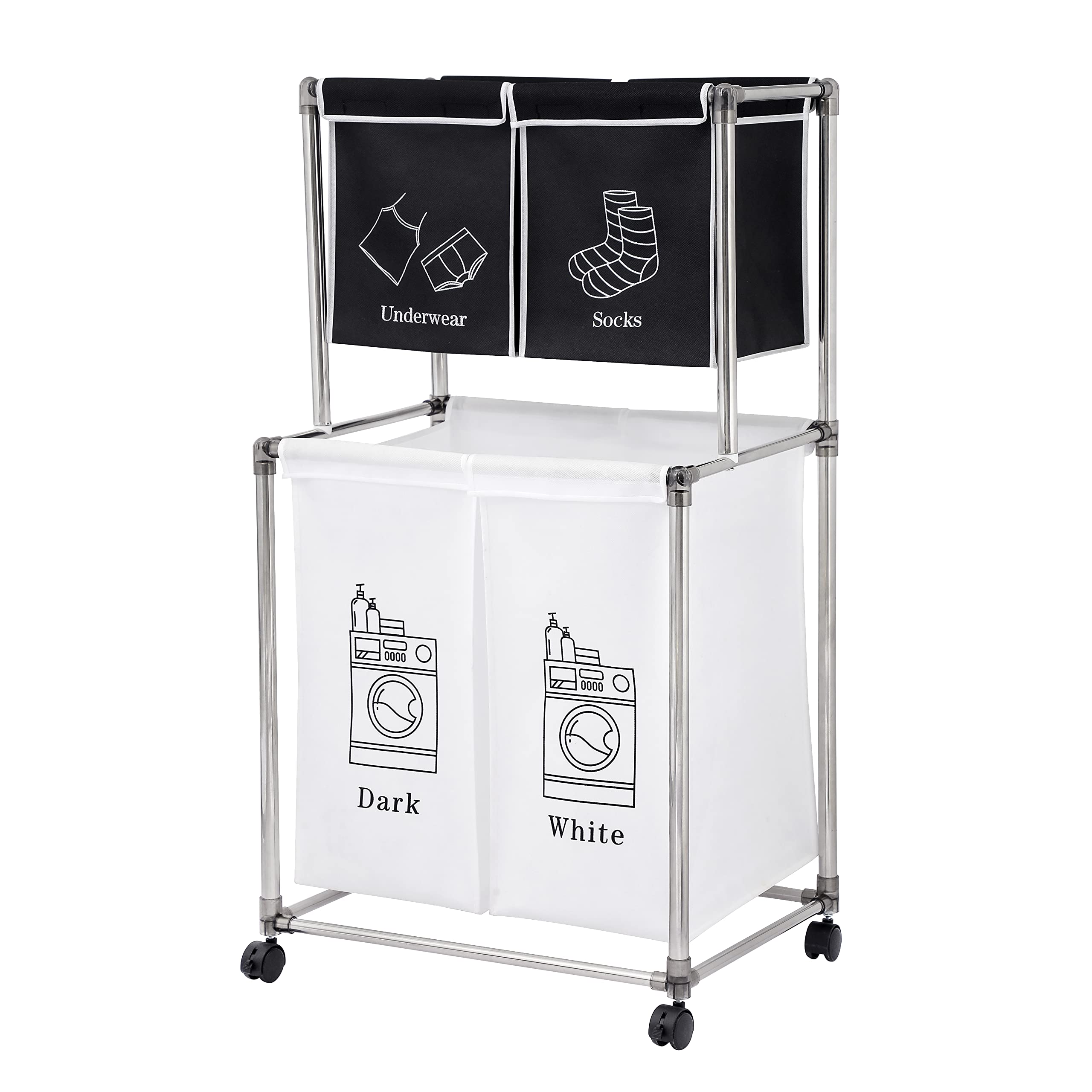 CEMKAR Laundry Basket 2-Tier Vertical Laundry Sorter with 4 Removable Bags for Laundry,with Four Wheels for Easy Movement， Small Spaces and Closets, Black and White