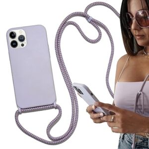 ecofriendly iphone 13 pro max crossbody cord case leash hands-free adjustable strap landyard shockproof resistant cover (purple)
