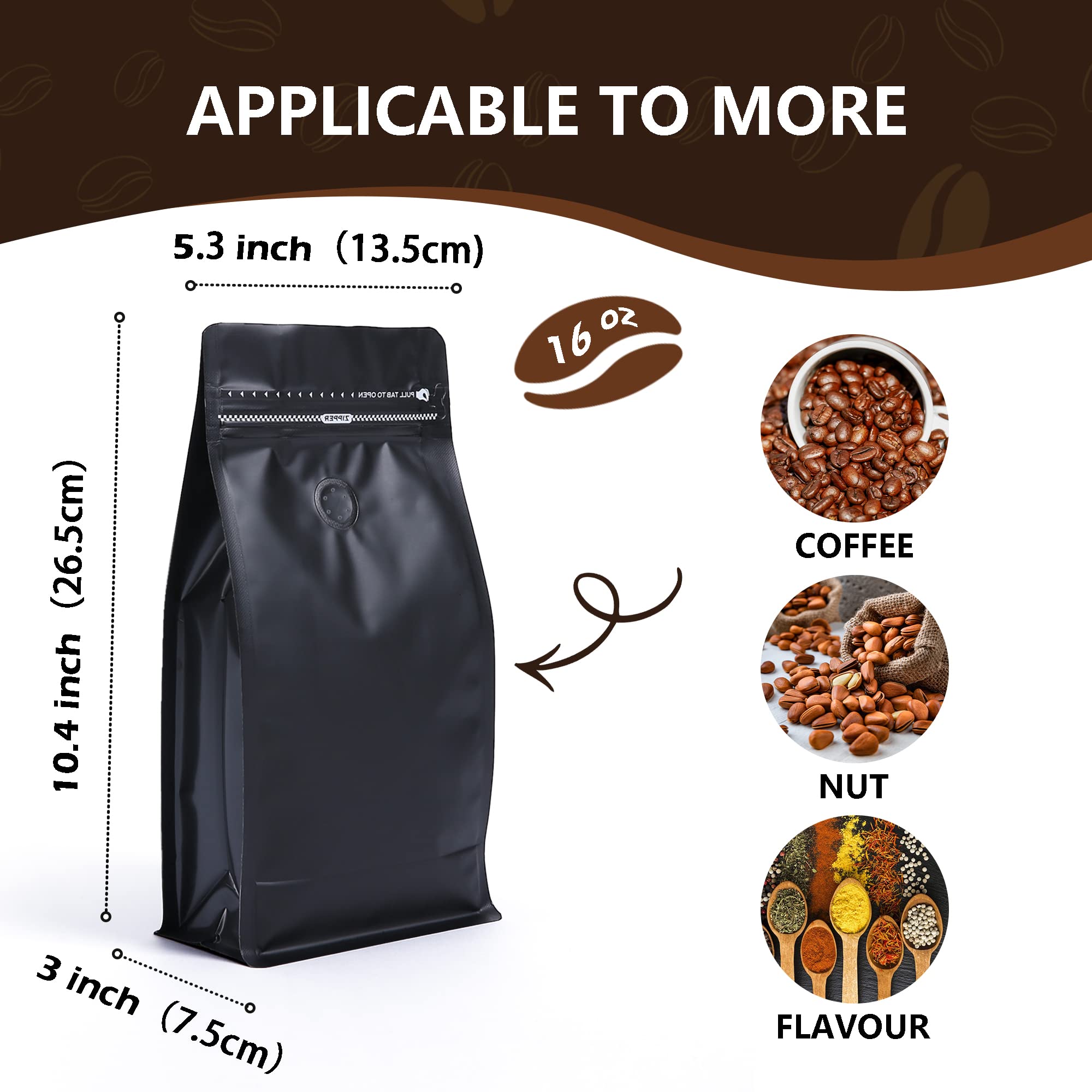 Coffee Bags with Valve - 50 Count Resealable Flat Bottom Pouch - 1 Pound Vented Coffee Packages Bags with Zipper by Absorated