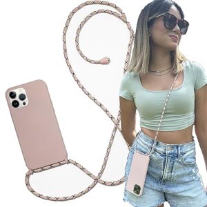 ecofriendly iphone 12 and iphone 12 procrossbody cord case leash hands-free adjustable strap landyard shockproof resistant cover (pink)