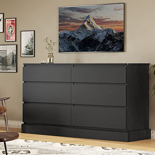 Hasuit 6 Drawer Double Dresser, 51.5''W Wooden Storage Chest of 6 Drawers, Large Capacity Clothing Storage Cabinet, Wide Black Dresser for Bedroom