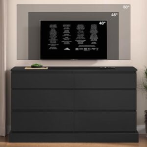 Hasuit 6 Drawer Double Dresser, 51.5''W Wooden Storage Chest of 6 Drawers, Large Capacity Clothing Storage Cabinet, Wide Black Dresser for Bedroom