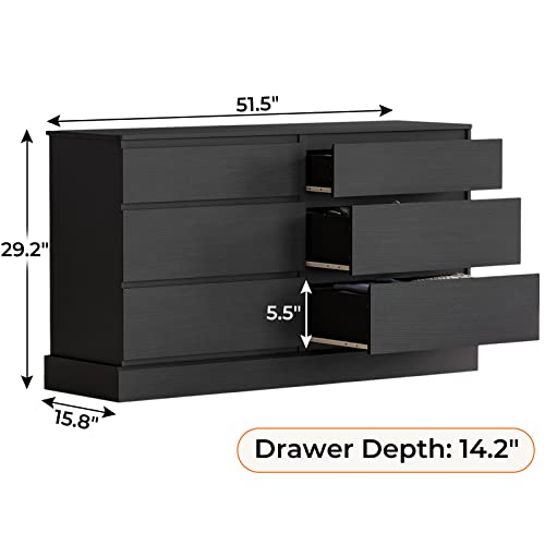 Hasuit 6 Drawer Double Dresser, 51.5''W Wooden Storage Chest of 6 Drawers, Large Capacity Clothing Storage Cabinet, Wide Black Dresser for Bedroom