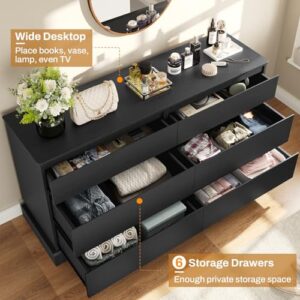 Hasuit 6 Drawer Double Dresser, 51.5''W Wooden Storage Chest of 6 Drawers, Large Capacity Clothing Storage Cabinet, Wide Black Dresser for Bedroom