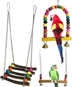 omyzero 3pcs bird parrot toys swing hanging, bird cage accessories toy perch ladder chewing toys hammock for parakeets,cockatiels,lovebirds,conures,budgie,macaws,lovebirds,finches and other small pets