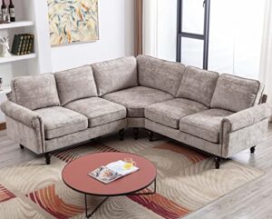 classhouze sectional sofa couches for living room with scroll arms, modern chenille fabric l shaped couch sectional couch with gourd shaped solid wood legs, grey