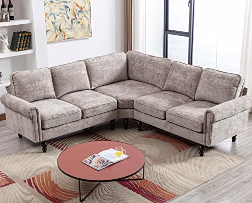 ClassHouze Sectional Sofa Couches for Living Room with Scroll Arms, Modern Chenille Fabric L Shaped Couch Sectional Couch with Gourd Shaped Solid Wood Legs, Grey