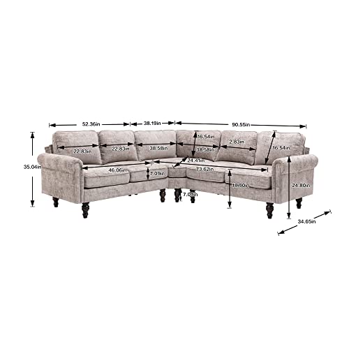 ClassHouze Sectional Sofa Couches for Living Room with Scroll Arms, Modern Chenille Fabric L Shaped Couch Sectional Couch with Gourd Shaped Solid Wood Legs, Grey