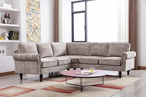 ClassHouze Sectional Sofa Couches for Living Room with Scroll Arms, Modern Chenille Fabric L Shaped Couch Sectional Couch with Gourd Shaped Solid Wood Legs, Grey