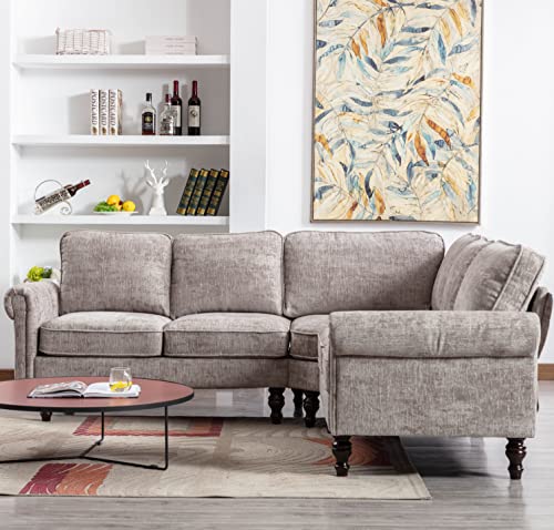 ClassHouze Sectional Sofa Couches for Living Room with Scroll Arms, Modern Chenille Fabric L Shaped Couch Sectional Couch with Gourd Shaped Solid Wood Legs, Grey