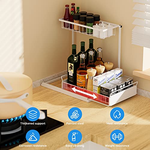 Under Sink Organizers and Storage, Painted Steel Under Cabinet Storage Pull Out Bathroom Organizer with Handles, 2 Tier Under Sink Storage Kitchen Space Rack for Countertop, White