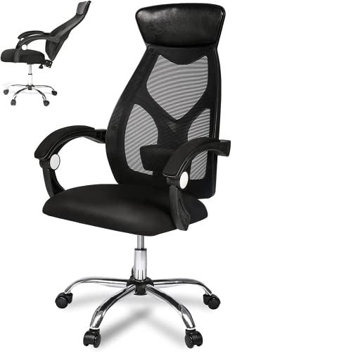 Ergonomic Office Desk Chair, Recliner with Mesh High Back Leather Headrest, Adjustable Lumbar Support Reclining Office Chair, Padded Armrest for Swivel Office Task Computer Chair, Modern Black