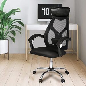 Ergonomic Office Desk Chair, Recliner with Mesh High Back Leather Headrest, Adjustable Lumbar Support Reclining Office Chair, Padded Armrest for Swivel Office Task Computer Chair, Modern Black