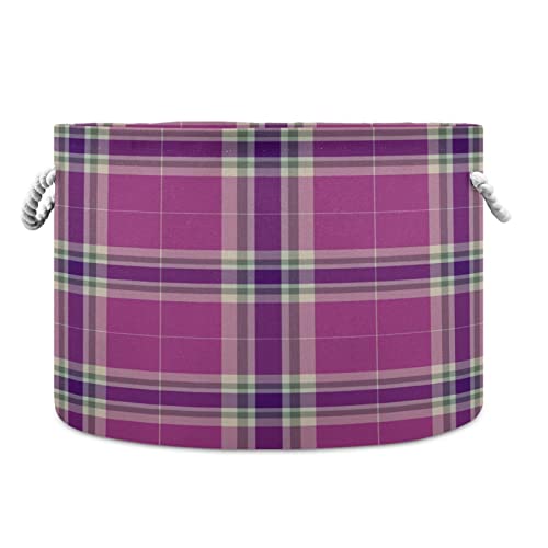 Kigai Purple Plaid Tartan Round Storage Basket, Toy Basket Bin with Cotton Rope Handle, Laundry Basket Hamper, Clothes Organizer 20 x 14 In