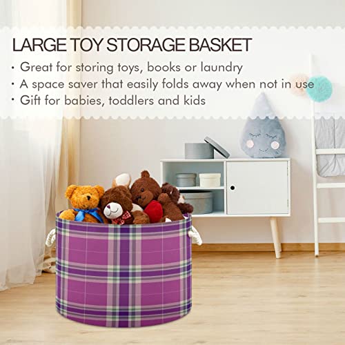 Kigai Purple Plaid Tartan Round Storage Basket, Toy Basket Bin with Cotton Rope Handle, Laundry Basket Hamper, Clothes Organizer 20 x 14 In