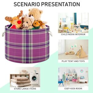 Kigai Purple Plaid Tartan Round Storage Basket, Toy Basket Bin with Cotton Rope Handle, Laundry Basket Hamper, Clothes Organizer 20 x 14 In