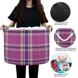 Kigai Purple Plaid Tartan Round Storage Basket, Toy Basket Bin with Cotton Rope Handle, Laundry Basket Hamper, Clothes Organizer 20 x 14 In