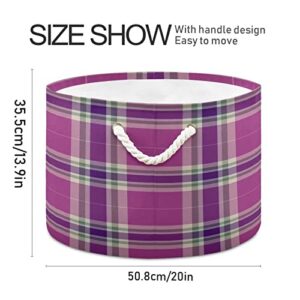 Kigai Purple Plaid Tartan Round Storage Basket, Toy Basket Bin with Cotton Rope Handle, Laundry Basket Hamper, Clothes Organizer 20 x 14 In