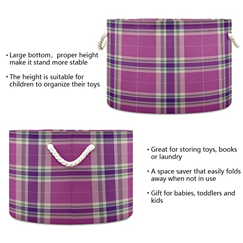 Kigai Purple Plaid Tartan Round Storage Basket, Toy Basket Bin with Cotton Rope Handle, Laundry Basket Hamper, Clothes Organizer 20 x 14 In