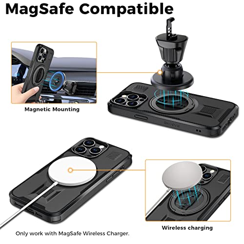 EWA MagOne Case Designed for iPhone 14 Pro Max Case Compatible with Magsafe with Ring Stand, Strap Grip, Dual Magnet Stick to Metal, Rugged Shockproof Protective (Black)