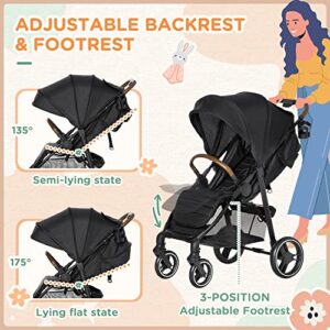 Qaba Lightweight Baby Stroller with One-Click Fold, Toddler Travel Stroller with Adjustable Backrest Footrest, Compact Stroller with All Wheel Suspension, Sun Canopy, Black