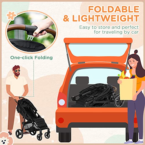 Qaba Lightweight Baby Stroller with One-Click Fold, Toddler Travel Stroller with Adjustable Backrest Footrest, Compact Stroller with All Wheel Suspension, Sun Canopy, Black