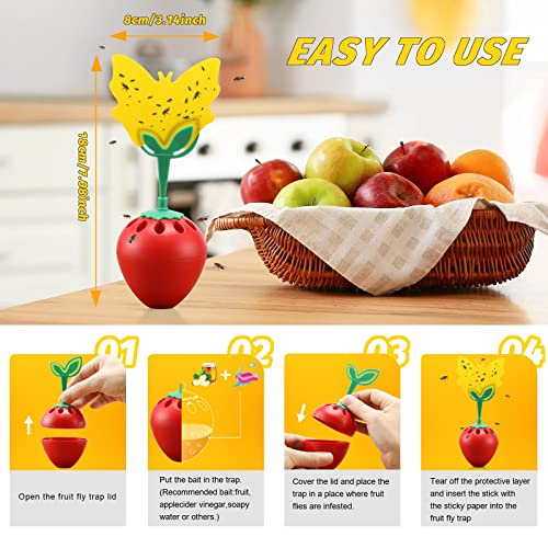 Fruit Fly Trap for Indoors, Fly Catcher Gnat Trap Fruit Fly Killer with 12 Yellow Sticky Traps, Gnat Trap with Bait for Indoor Outdoor, Safe Non-Toxic Fly Trap for Home/Kitchen/Plant (2 Pack)