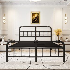 bednowitz bed frame queen size, heavy duty metal slats support mattress foundation, 14 inch high platform bed with headboard and footboard, no box spring needed, noise free, easy assembly, black